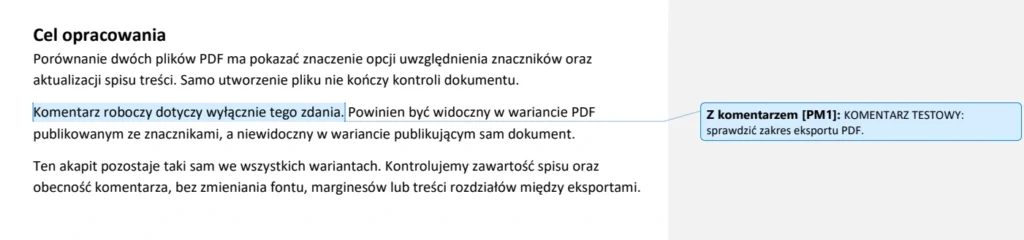 Wycinek PDF dokumentu kontrolnego z komentarzem roboczym w bocznym obszarze